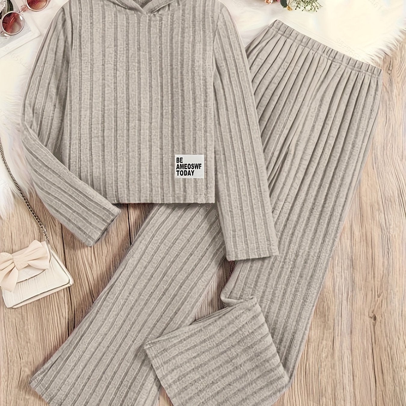 Conjunto de sudadera y pantalones de punto para niñas, de manga larga, de color sólido, poliéster, casual, para mayores de 3 años