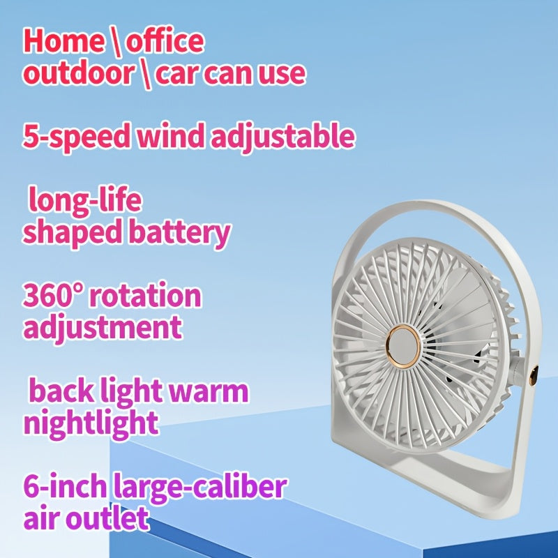 Compact 6-Inch LED Table Fan with Backlight Rechargeable USB Battery for Office Camping Travel