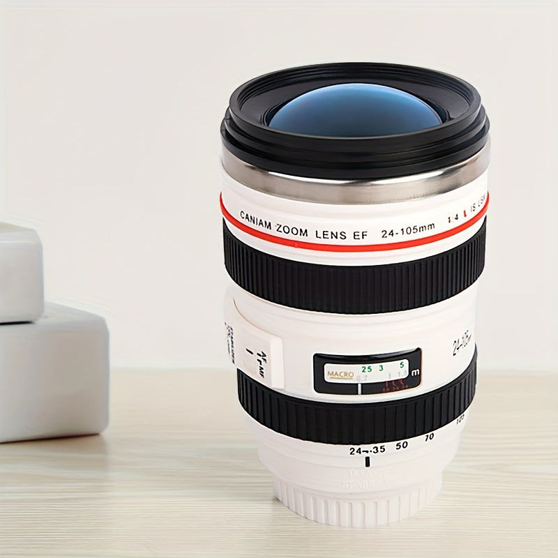 Stainless Steel Camera Lens Coffee Mug with Retractable Lid Travel Cup BPA-Free Novelty Drinkware