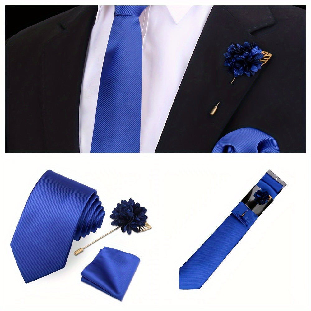 Men's Tie Set with Pocket Towel and Brooch, Classic Striped Plain Design