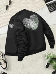 Plus Size Women's Casual Baseball Collar Jacket Black Green Print Long Sleeve Coat
