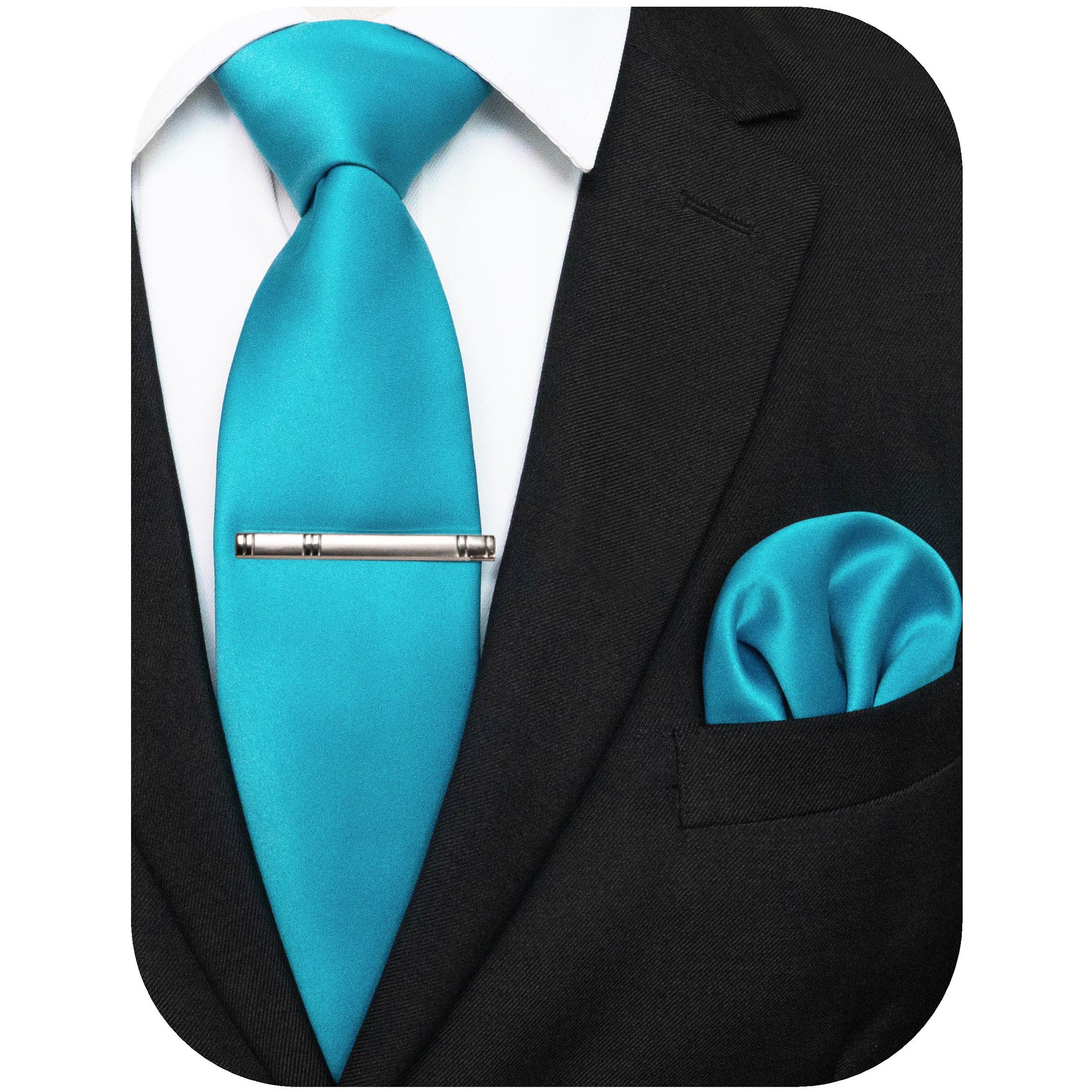 Men's Solid Color Tie and Pocket Square Set with Tie Clip for Business and Wedding