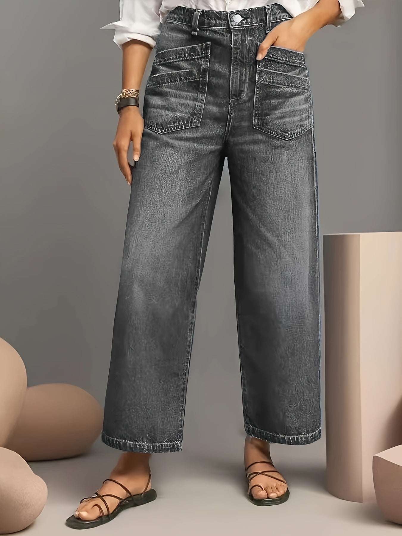 Ayollar uchun keng bo'yinli keng yengli jinsilar vintage yuvilgan denim qattiqlashgan kundalik