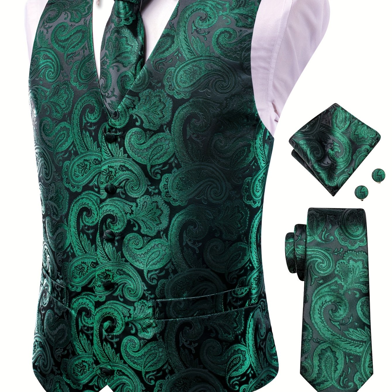 Men's Large Size White Paisley Pattern Accessories Set Waistcoat Necktie Hanky Cufflinks