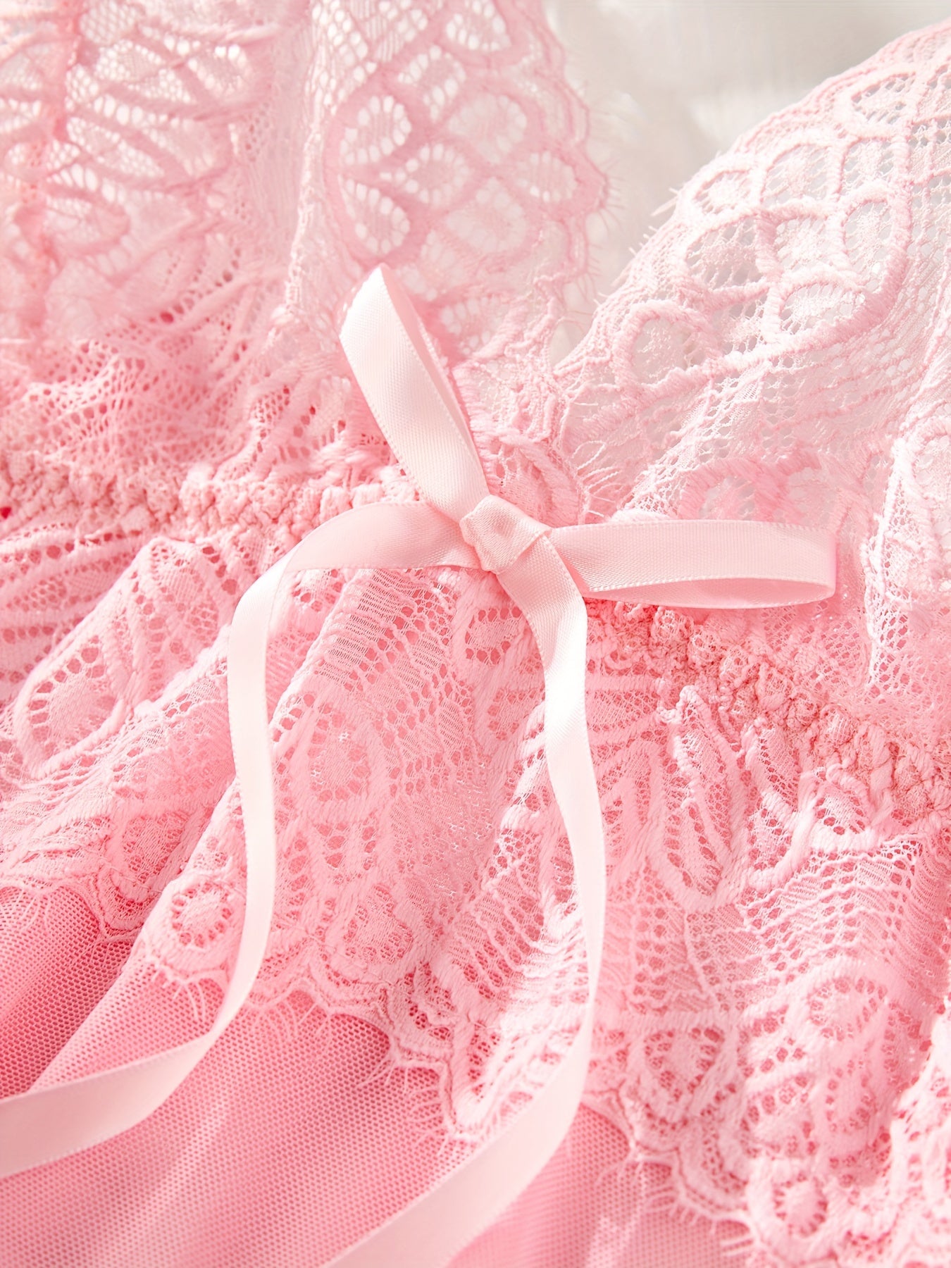 Pink Lace Nightgown Set with Satin Bow, Adjustable Straps, Sheer Boudoir
