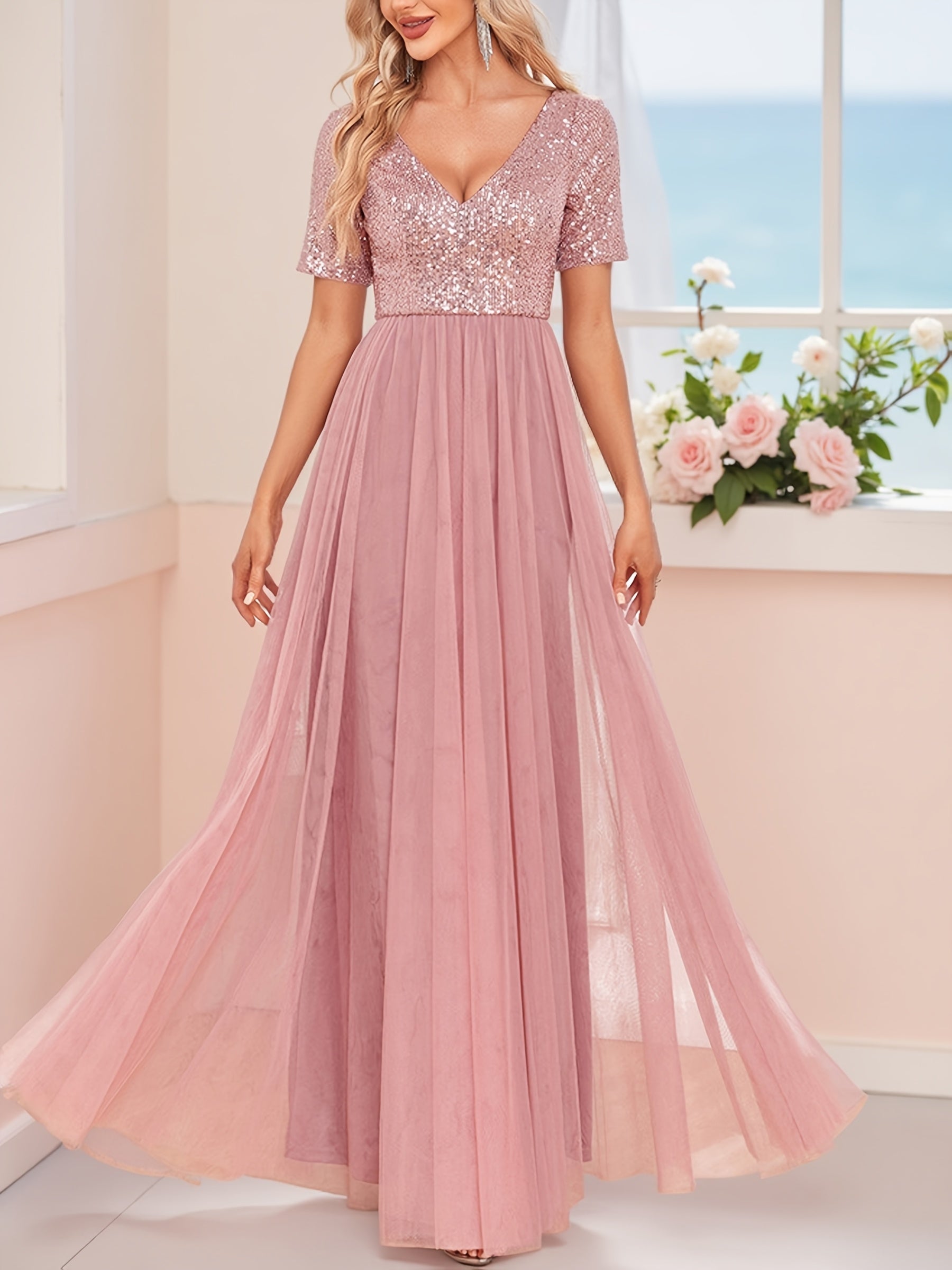 Plus Size Sequin Mesh Evening Gown V-Neck A-Line Party Dress