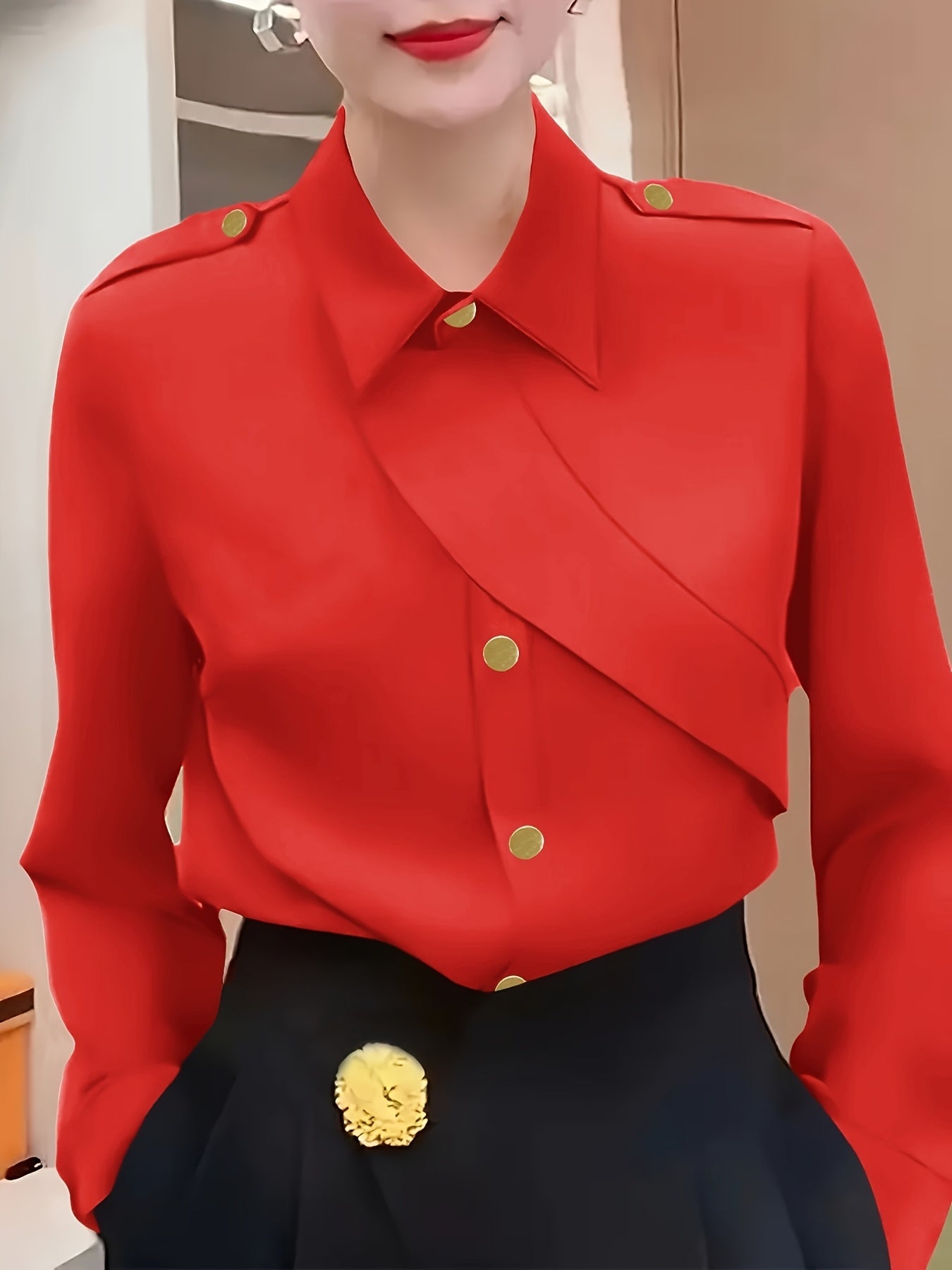 Women's Polyester Casual Button-Up Shirt with Lapel Collar Solid Color All-Season Blouse