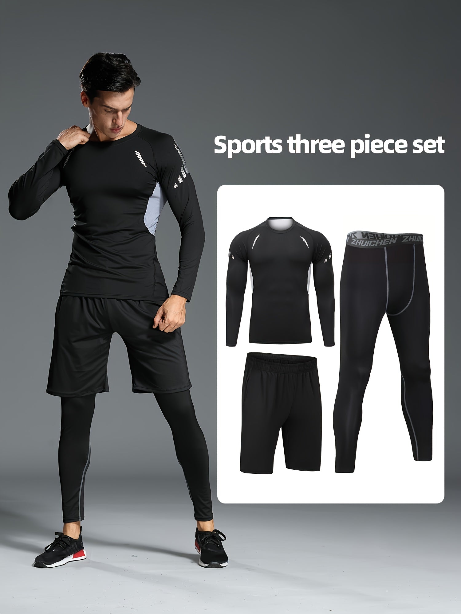 Men's Athletic Set Quick-Dry Polyester Crew Neck Top and Leggings for Running Training and Sports