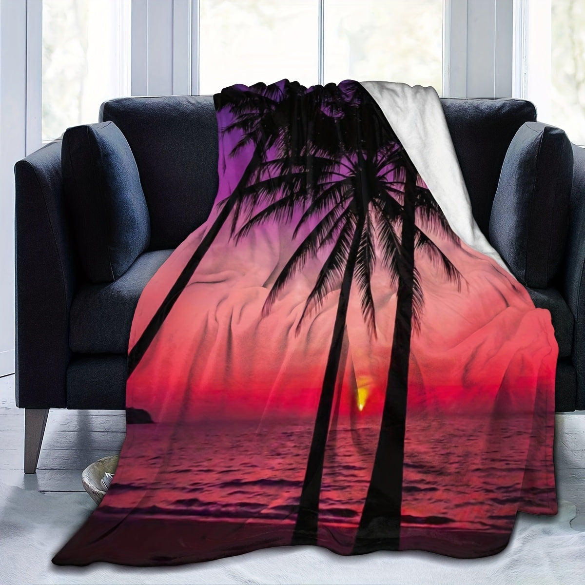 Luxurious Flannel Fleece Blanket Sunset Beach Palm Tree Design All-Season Throw for Home Travel Camping