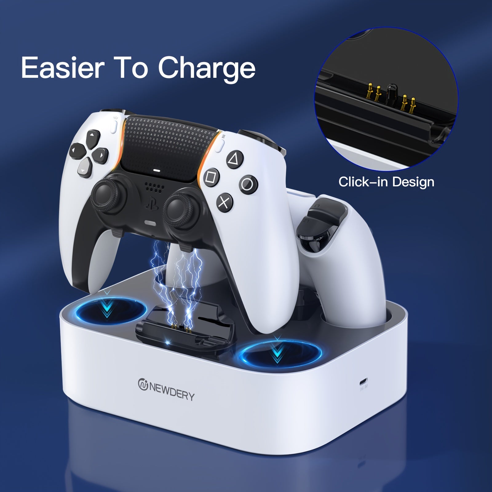 Newdery USB zaryadlash doki PS5 va DualSense Edge boshqaruvchilari uchun, tez 2.5 soatlik zaryadlash stantsiyasi LED ko'rsatgichi bilan, PlayStation 5 o'yin pultiga mos tur, mustahkam plastik material, yo'q