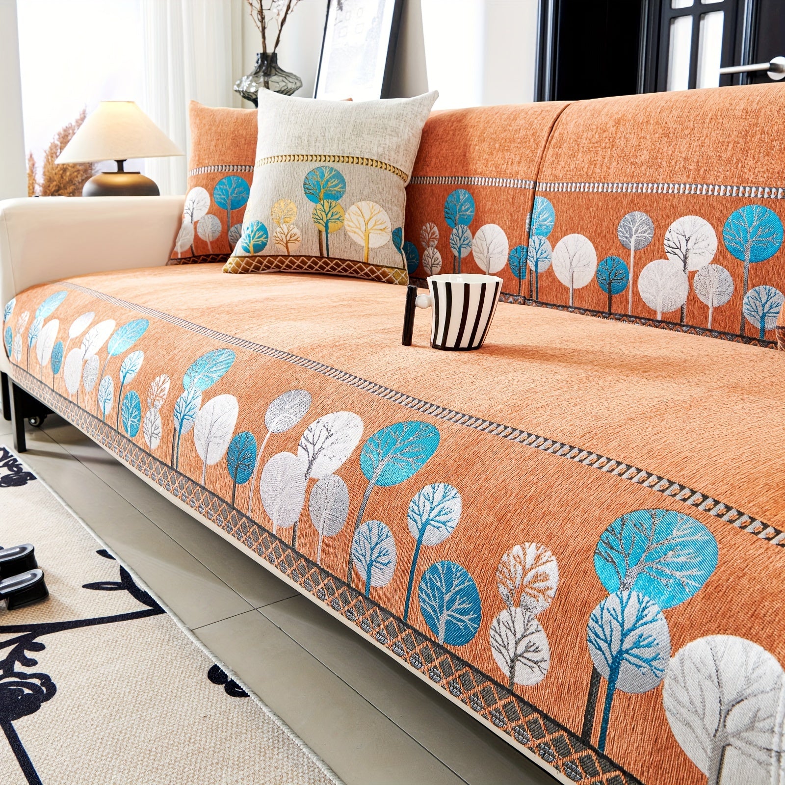 Chenille Sofa Cover with Tree Embroidery Pet-Friendly Slip-Resistant Easy to Clean Fits Various Sofa Sizes for Living Room and Home Decor