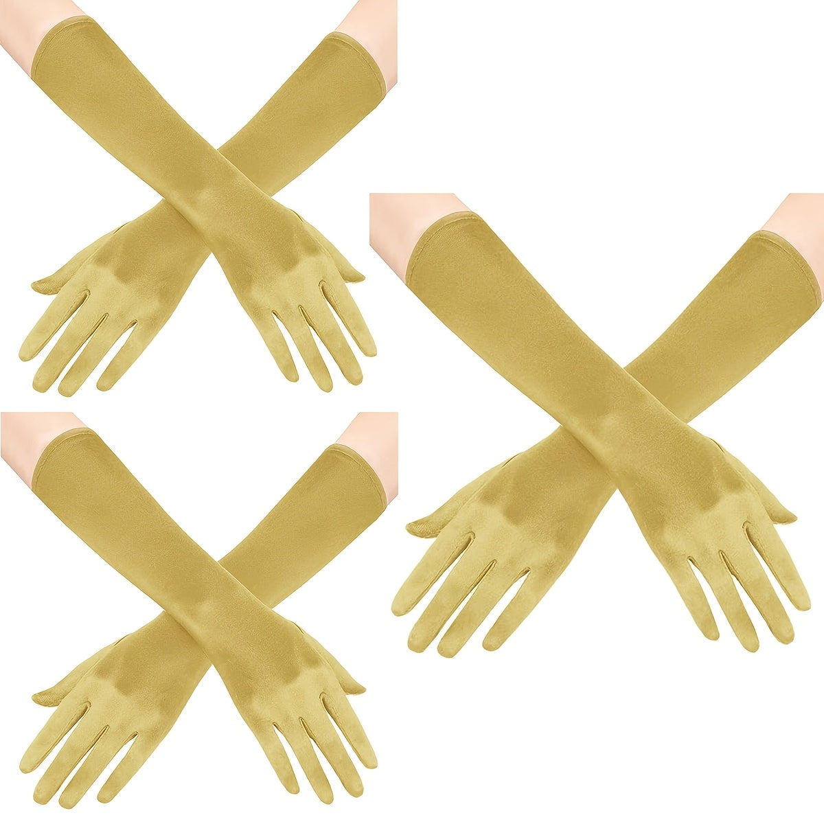 Ayollar uchun satindan tayyorlangan uzun opera qo'llari, 3 ta, vintage, tirsak uzunligi, kechki kiyim va to'y uchun