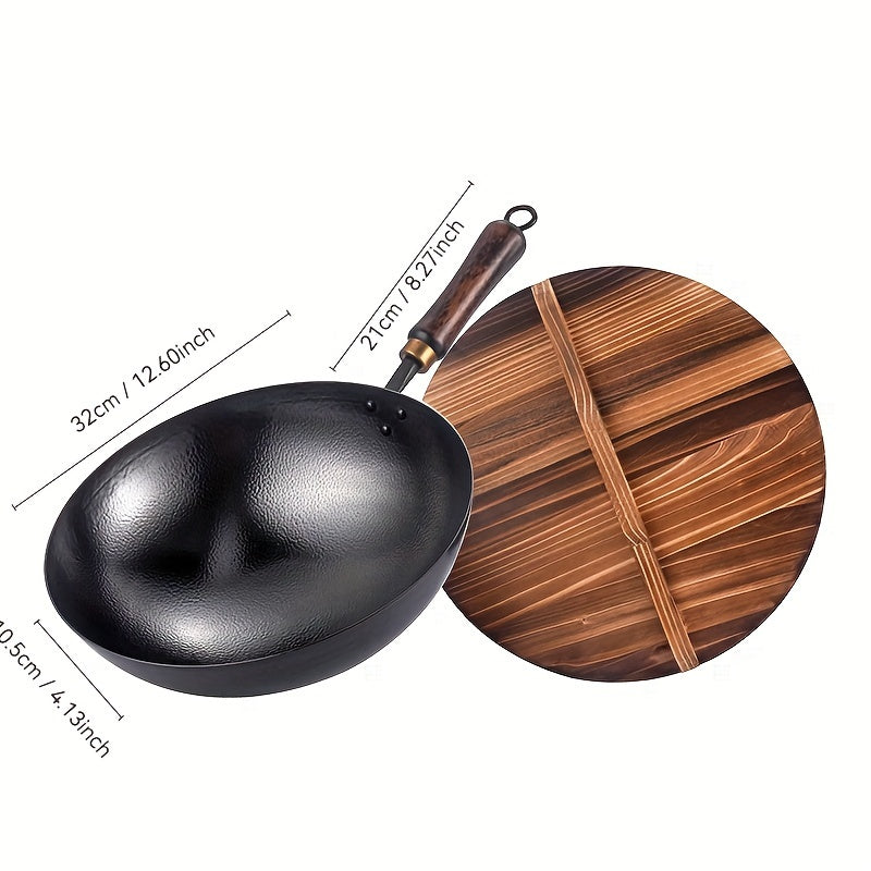 Durable 32cm Cast Iron Skillet Non-Stick Round Bottom Wok for Gas and Induction