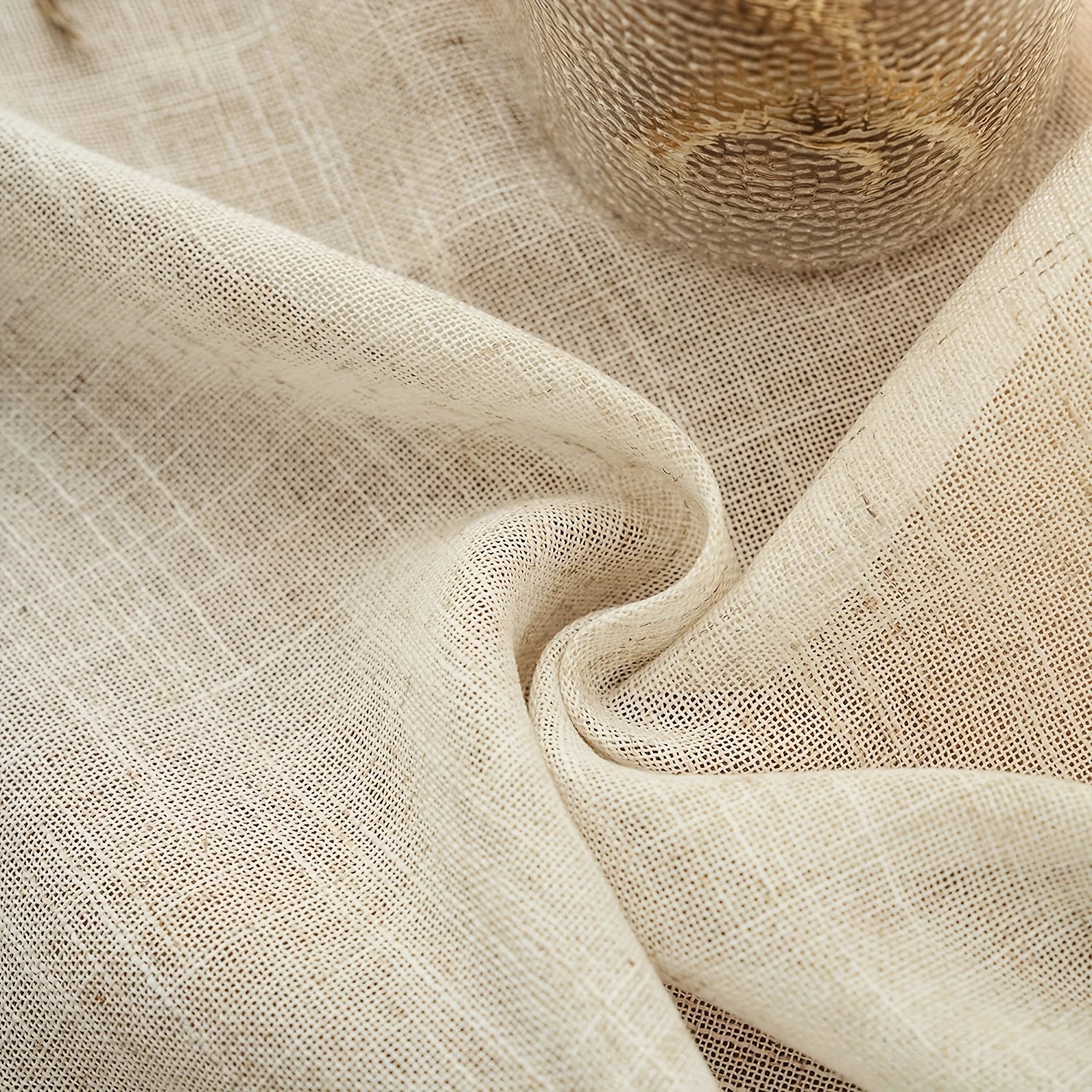 Linen Bohemian Lace Curtain with Rod Design Natural Wood Color Single