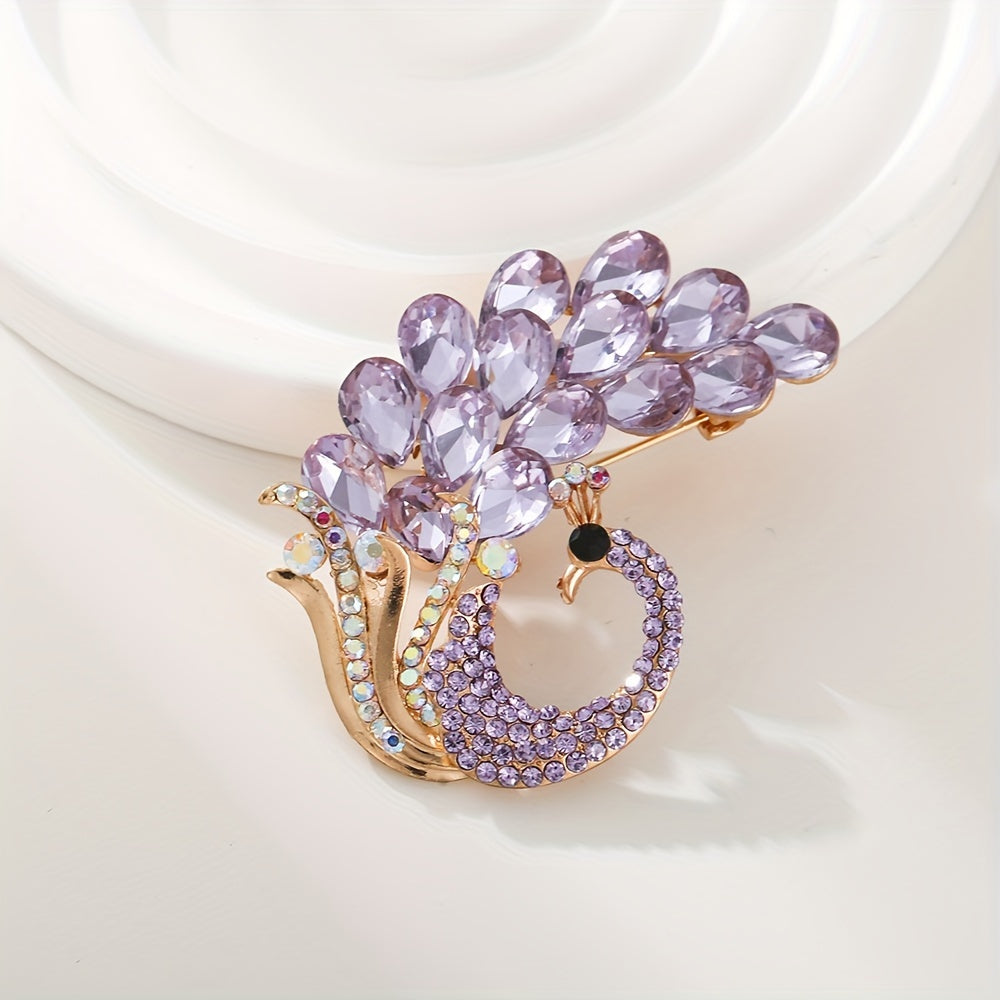 Purple Crystal Brooch Pin with Peacock Design Rhinestones for Women