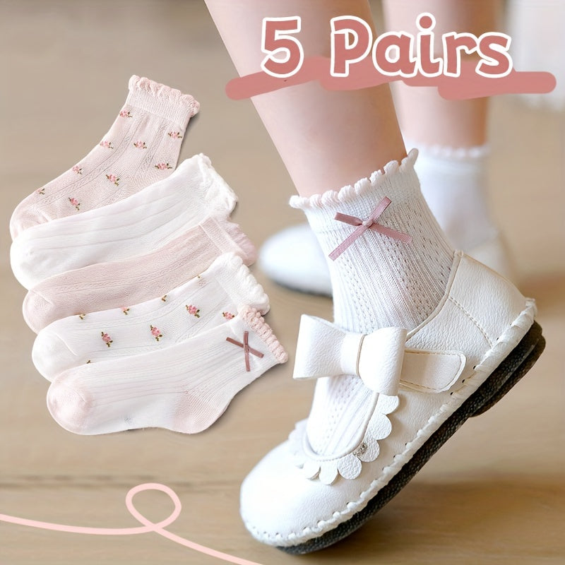 Girls' Mesh Socks with Bowknots Floral Pattern for Spring Summer Set of 5