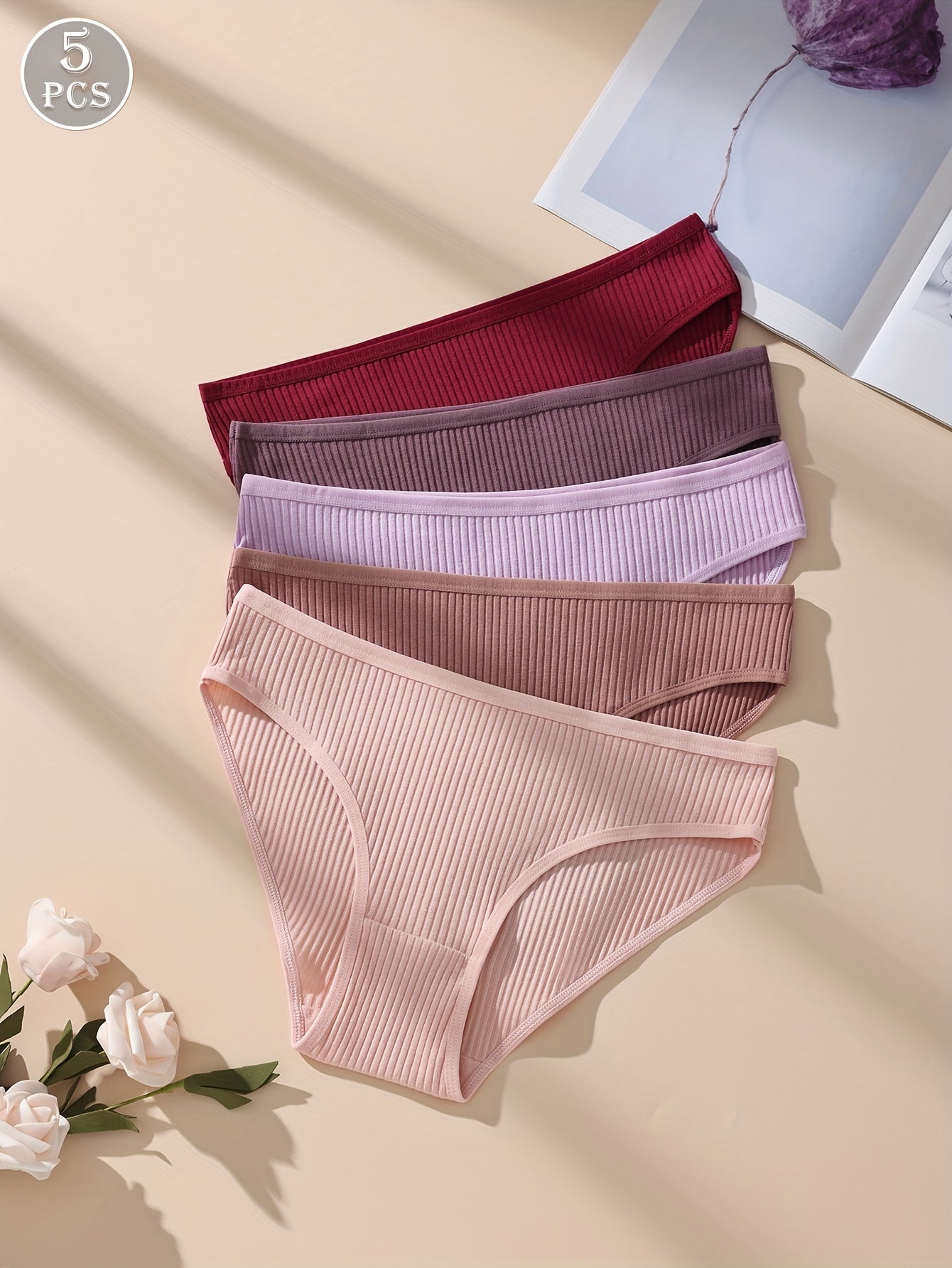 Women's Purple Ribbed Triangle Panties 5-Pack Cotton Comfortable Lingerie