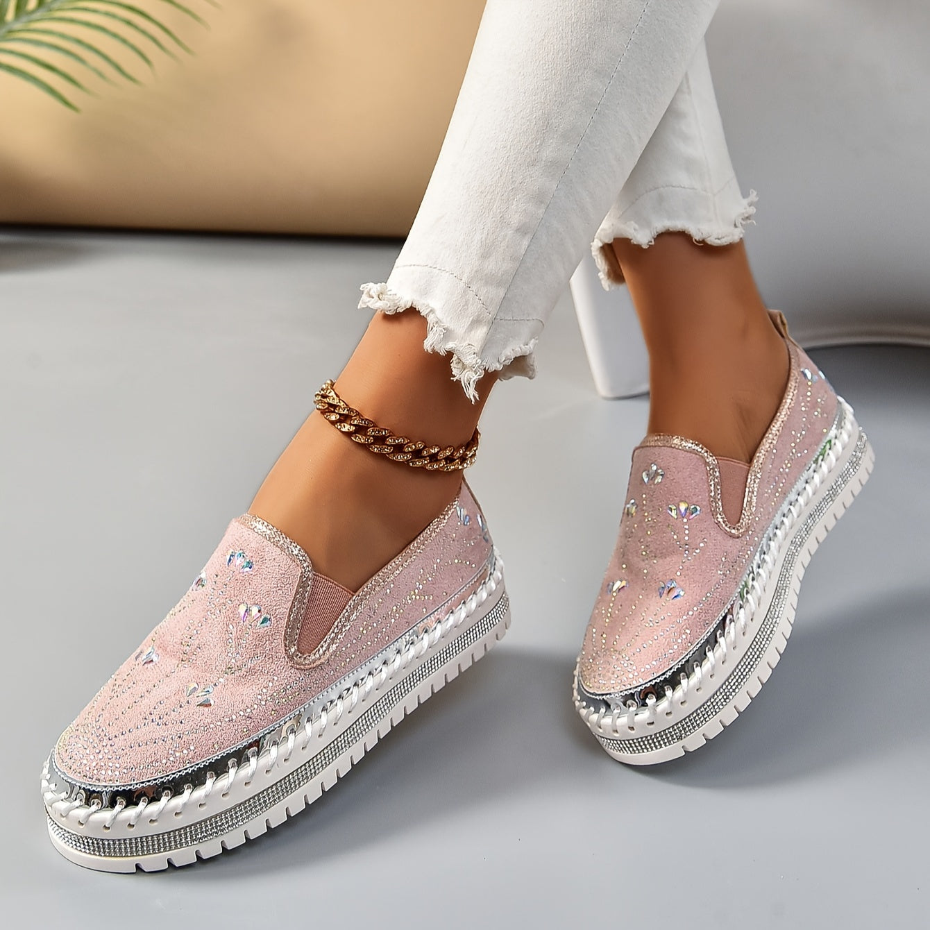 Women's Pink Glitter Slip-On Loafers with Rhinestones and Thick Sole