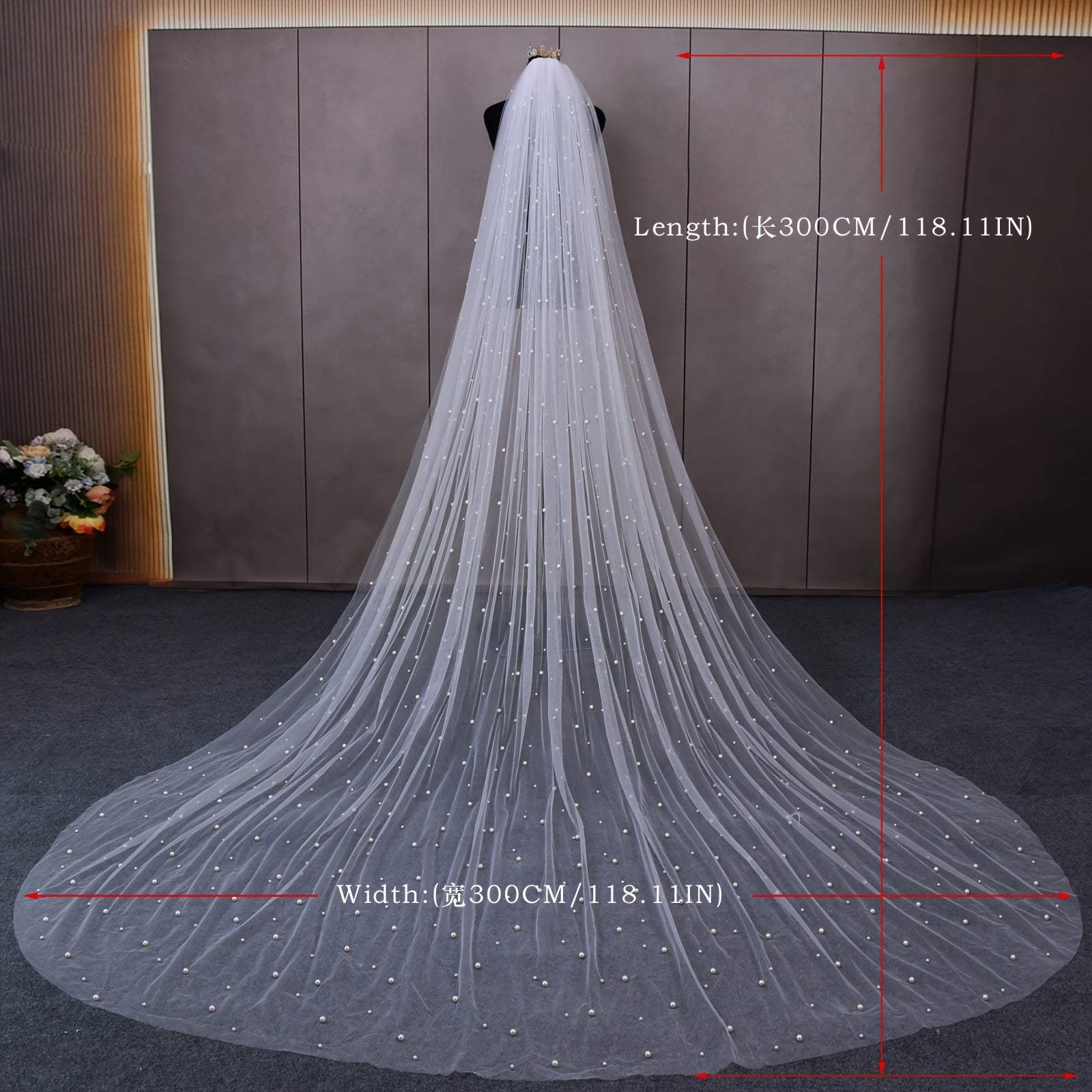 Bridal Veil with Rhinestones Long Train Polyester Tulle Hand Wash