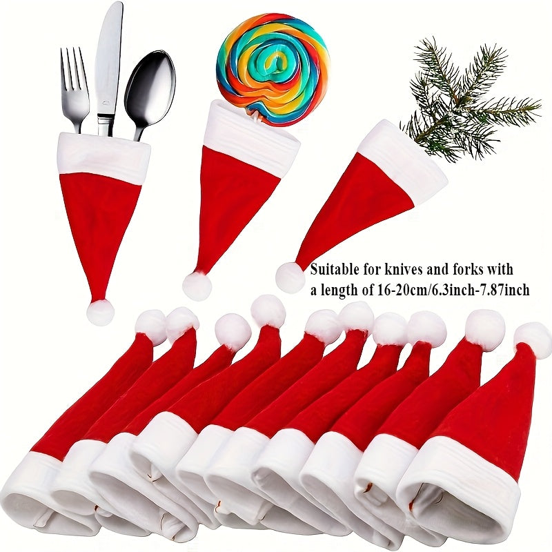 Set of 10 Red Mini Christmas Hat Cutlery Holders for Holiday Table Decor