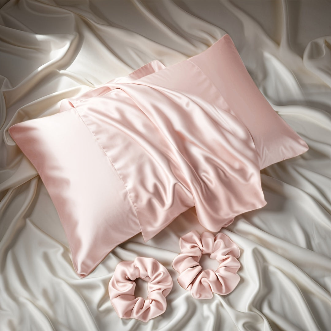 Satin Bedding Accessories 3-Piece Set Pillowcase and Headbands for Bedroom Bathroom Hotel