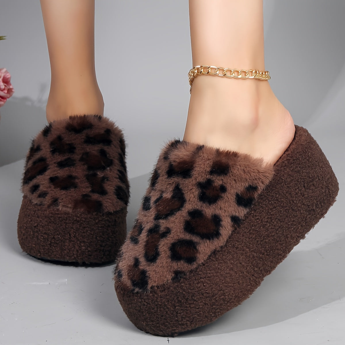 Women Fuzzy Leopard Print Slippers Plush Brown Black Spots Indoor Outdoor