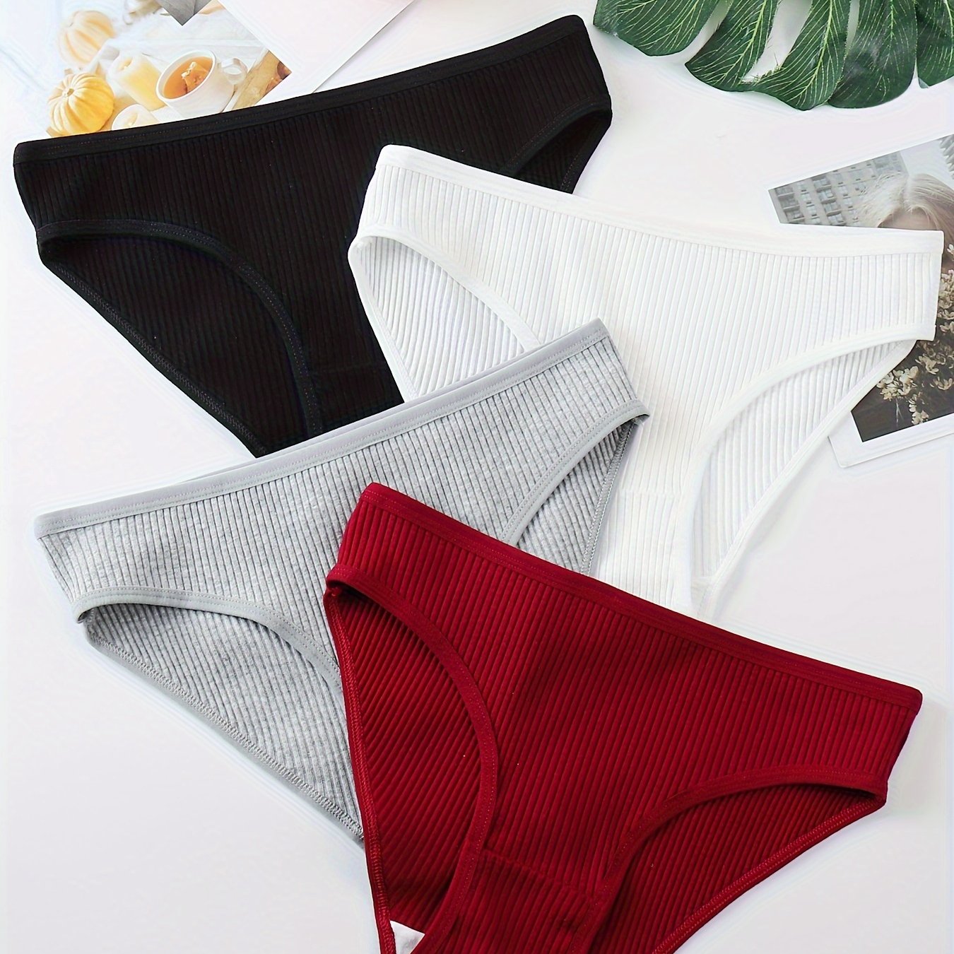 Set of 4 Women's Ribbed Cotton Briefs Comfortable Stretchy Lingerie Underwear
