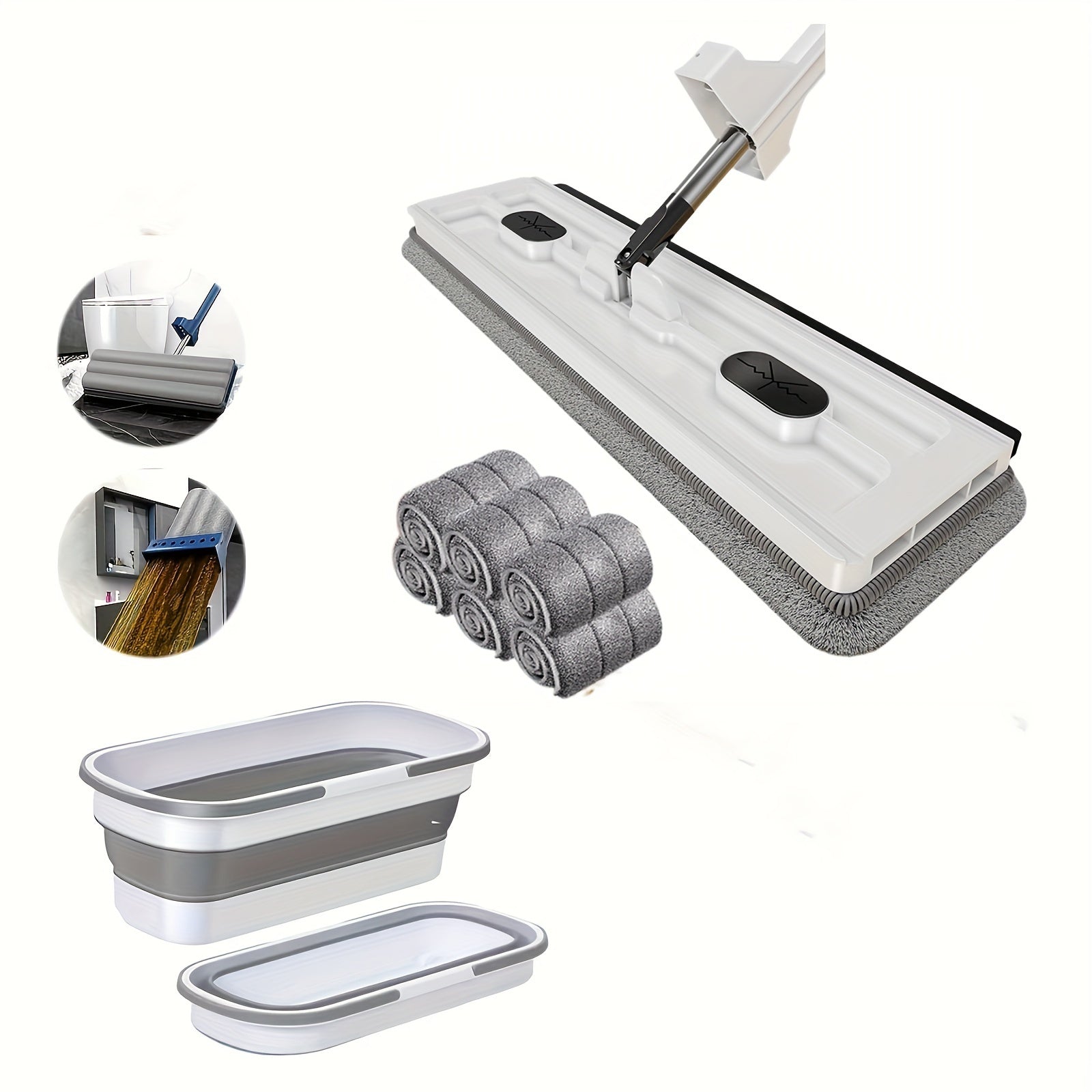 2024 yil uchun yangi va yaxshilangan! Katta tekis mopu to'plami, chelak va siqish vositasi - 360° aylanish, oshxona, hammom, yashash xonasi, yotoqxona uchun nam/quruq tozalashda ideal - uy tozalash ehtiyojlari uchun mustahkam plastik vosita