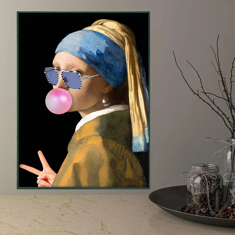 Funny Girl With Pearl Earrings Canvas Wall Art Modern Portrait Home Decor Gift