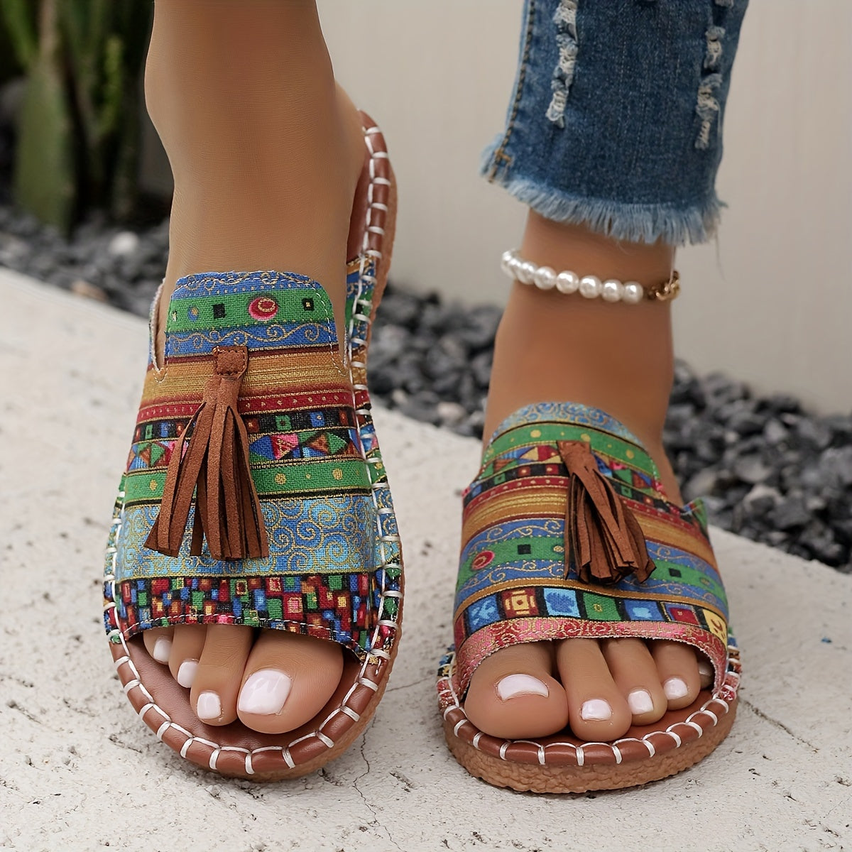Bohemian Canvas Sandals for Women with Tassel and Ethnic Pattern Slip-On Open Toe Flat Summer Shoes