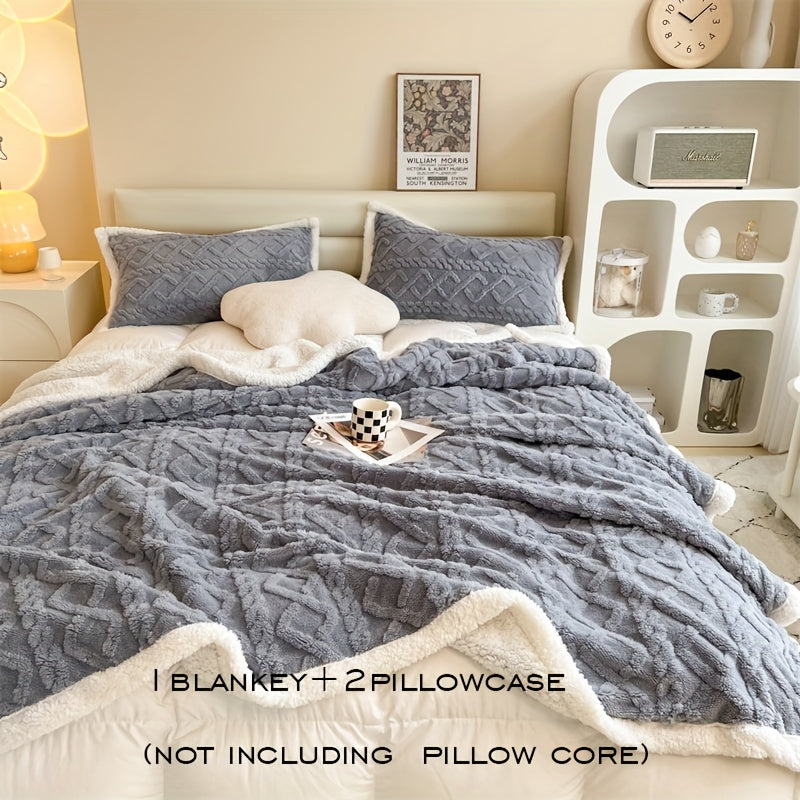 Multi-Piece Plush Bed Blanket Set with Pillowcases Double-Sided Sheepskin Warm Cozy