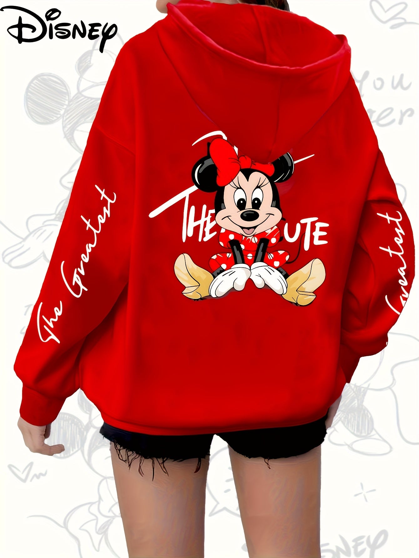 Women's Red Hoodie with Mickey Mouse Print Zip Casual Fall Winter