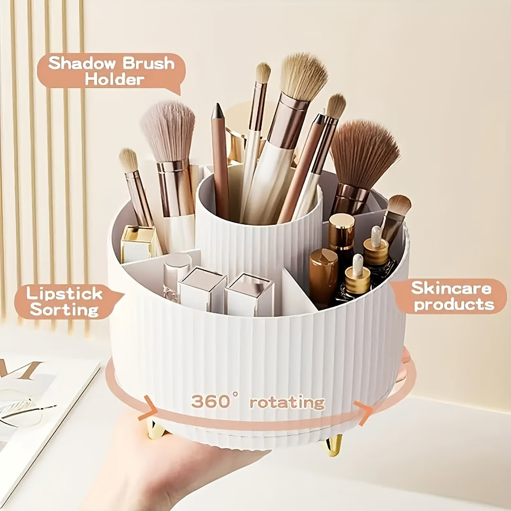360° Rotating Makeup Organizer with 5 Compartments Plastic Storage Box for Brushes Lipsticks and Skincare