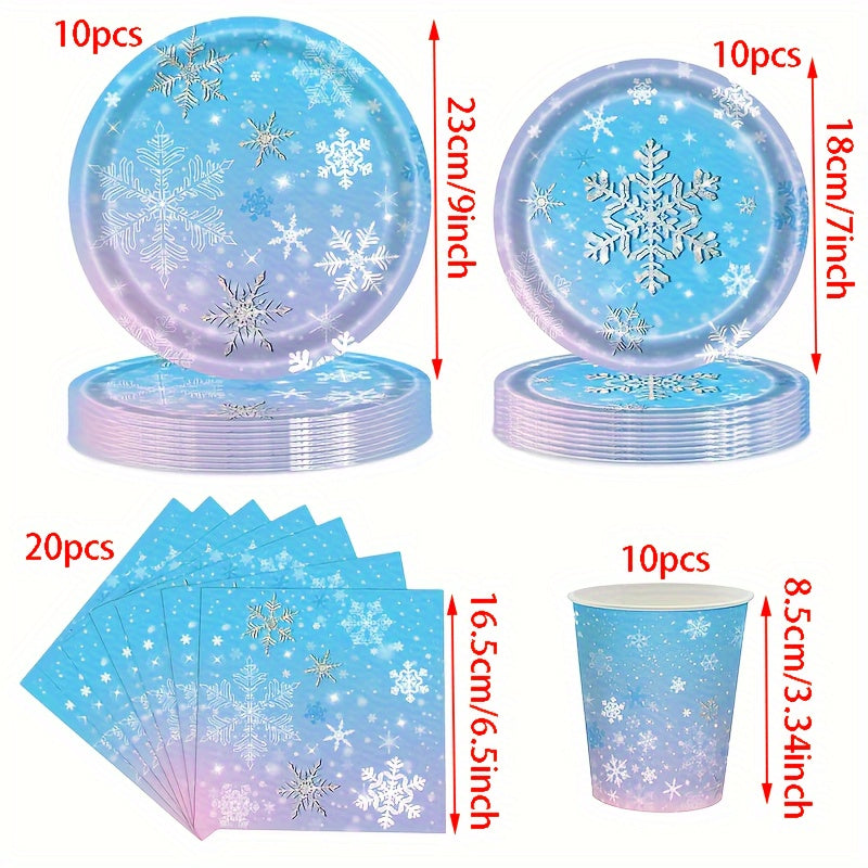 Set de vajilla temática de Frozen para 10 invitados, platos, vasos y servilletas con copos de nieve