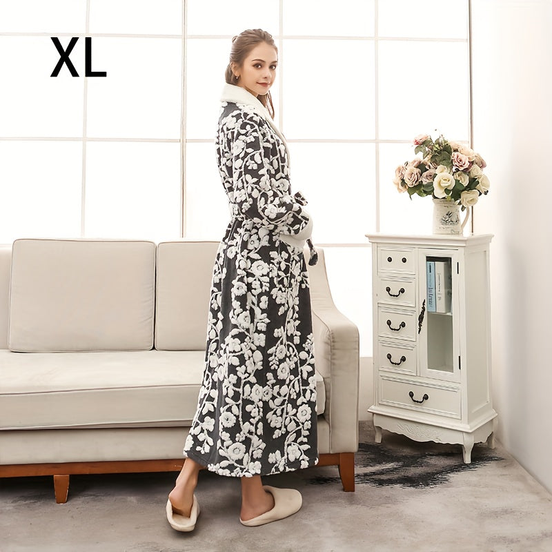 Unisex Thickened Long Bathrobe with Flower Pattern for Home and Bathroom Use