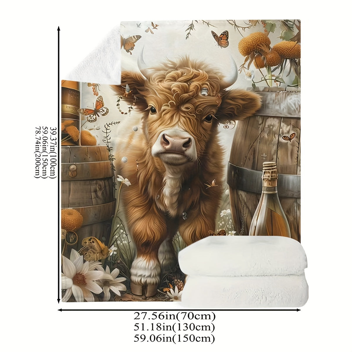 Cow and Wine Barrel Printed Throw Blanket in Contemporary Style Cozy and Durable