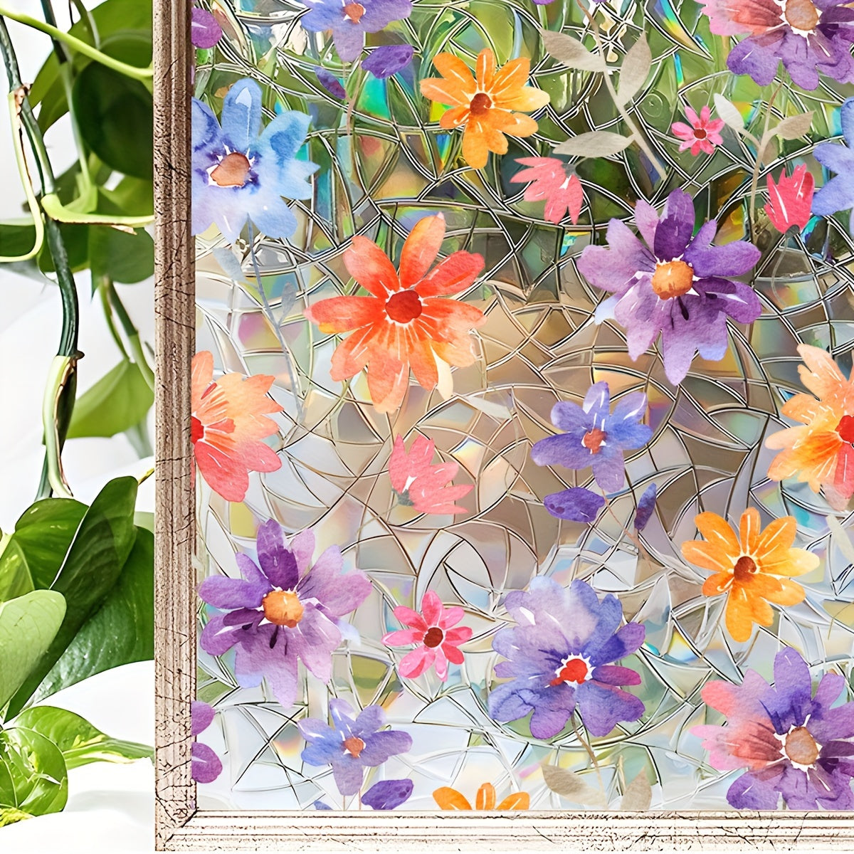 Dual-Sided Vibrant Floral Sunlight Window Cling Reusable PVC Decor