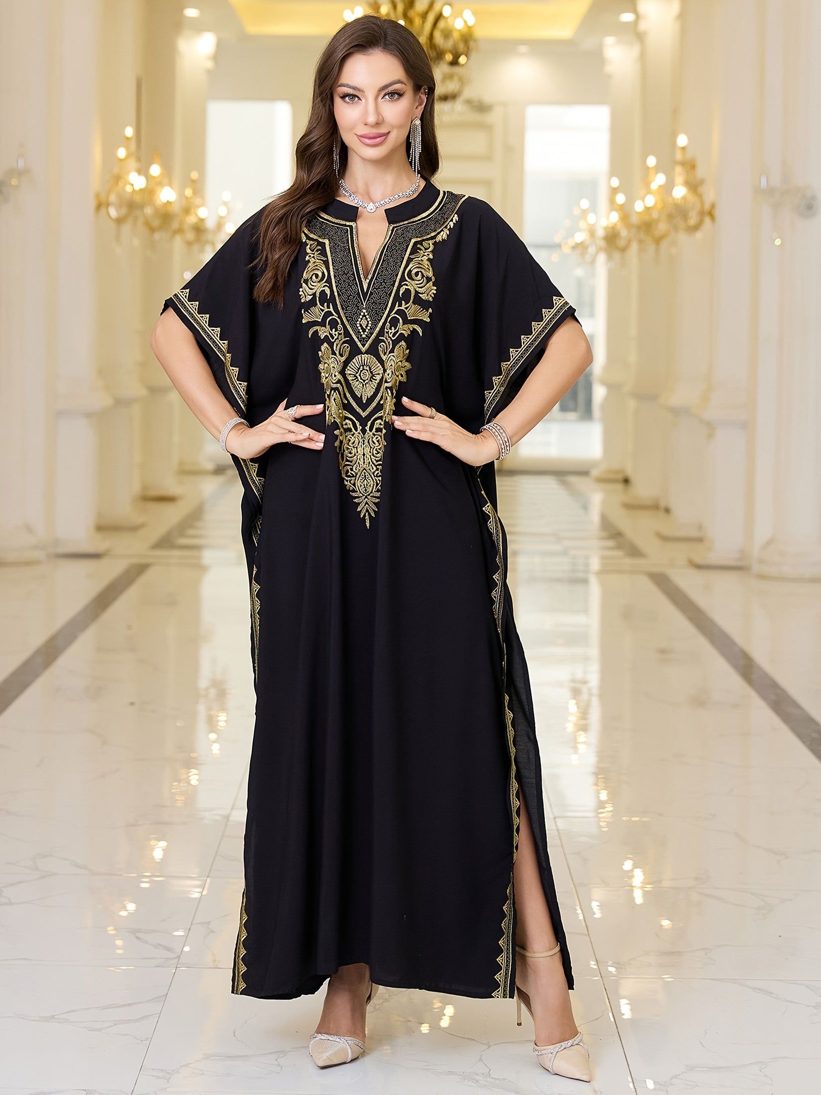 Plus Size Floral Embroidered Maxi Kaftan Dress with Notched Neck and Batwing Sleeves