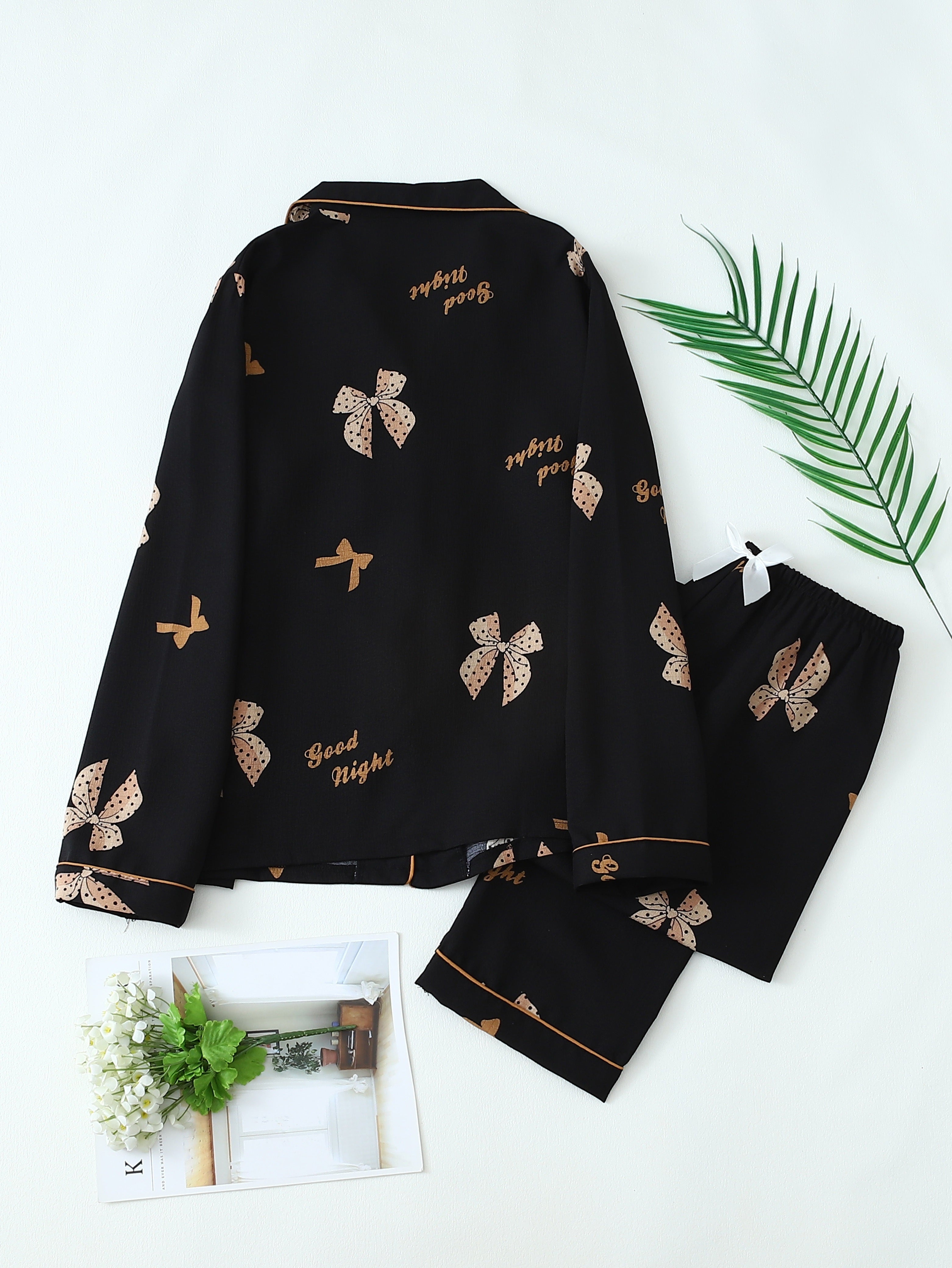 Teen Girl Pajama Set with Bow Print Soft Polyester Lounge Sleepwear