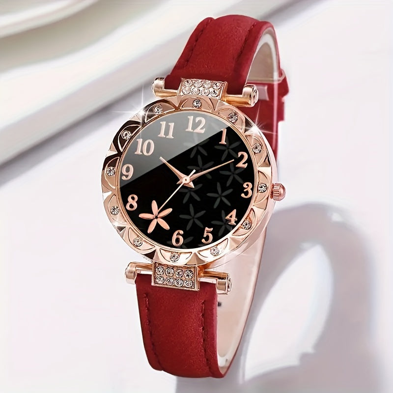 6-Piece Quartz Watch Set with Rhinestones Faux Leather Bracelets for Women