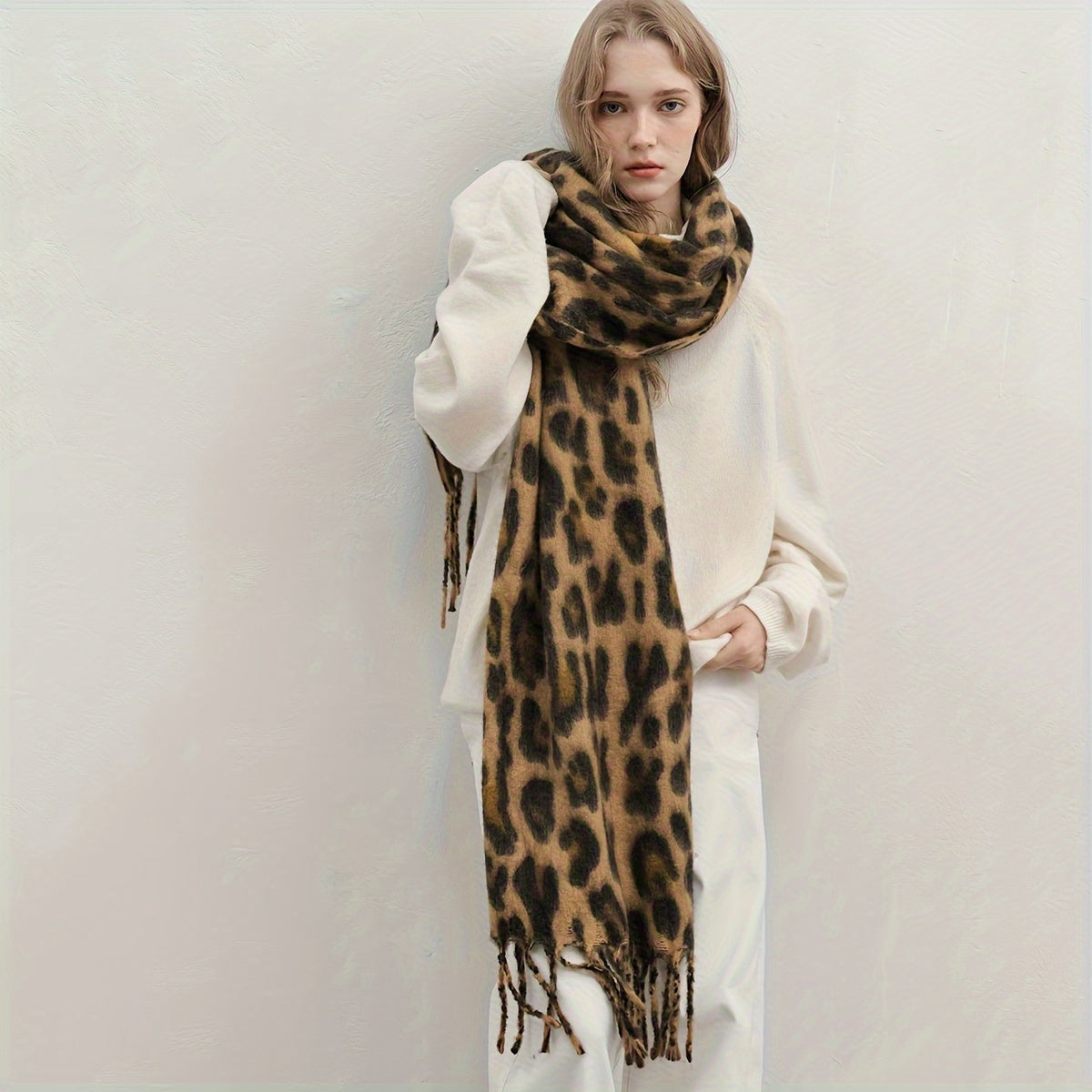 Leopard Print Scarf Cozy Thick Versatile Autumn Winter Polyester Khaki Brown Camel