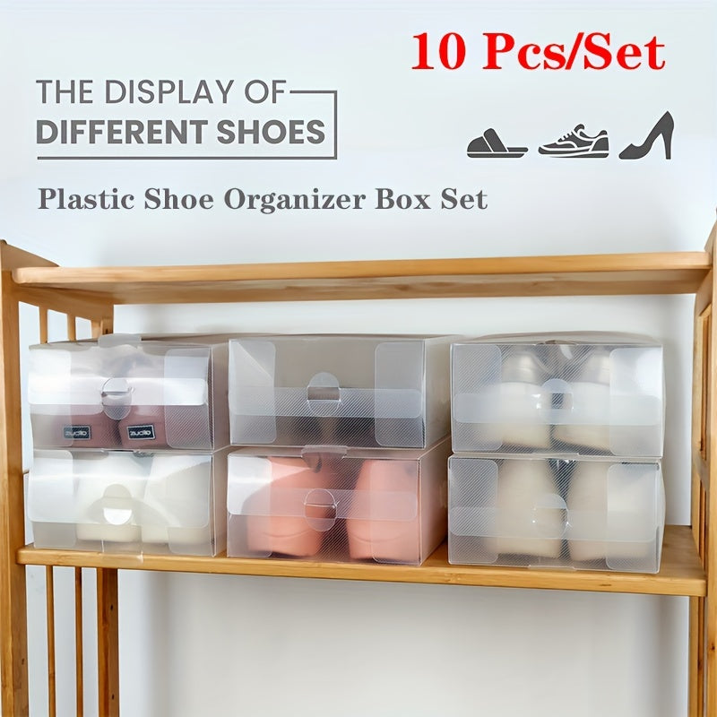Stackable Plastic Shoe Storage Boxes with Handles, Foldable, Dustproof, 10 Pack