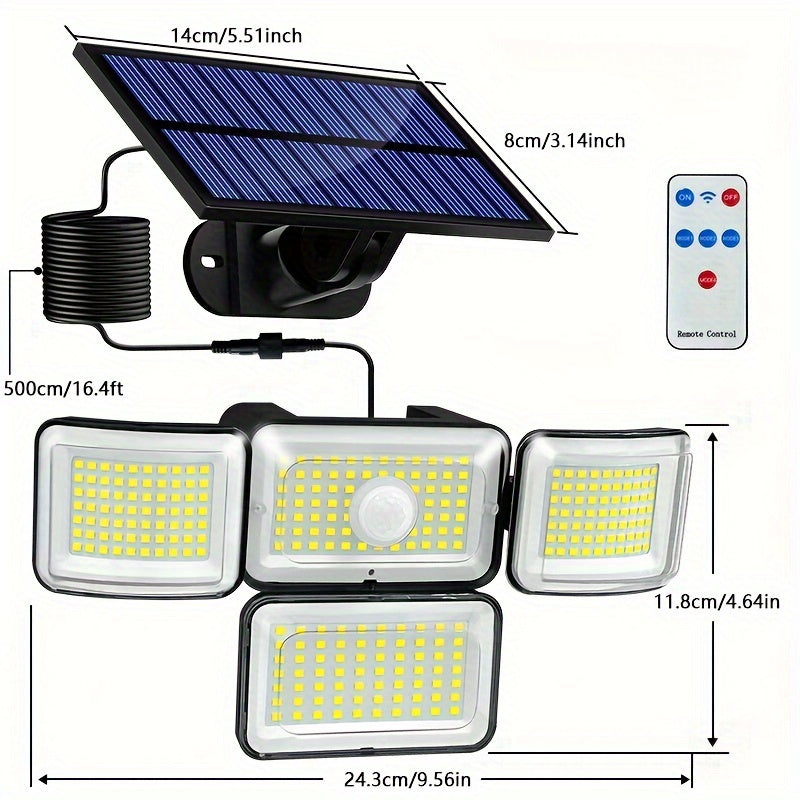 Solar-Powered Motion Sensor Light with Remote Control 288 LED 4-Head Security Floodlight 300° Wide Angle for Garden Yard Pathway Garage Street