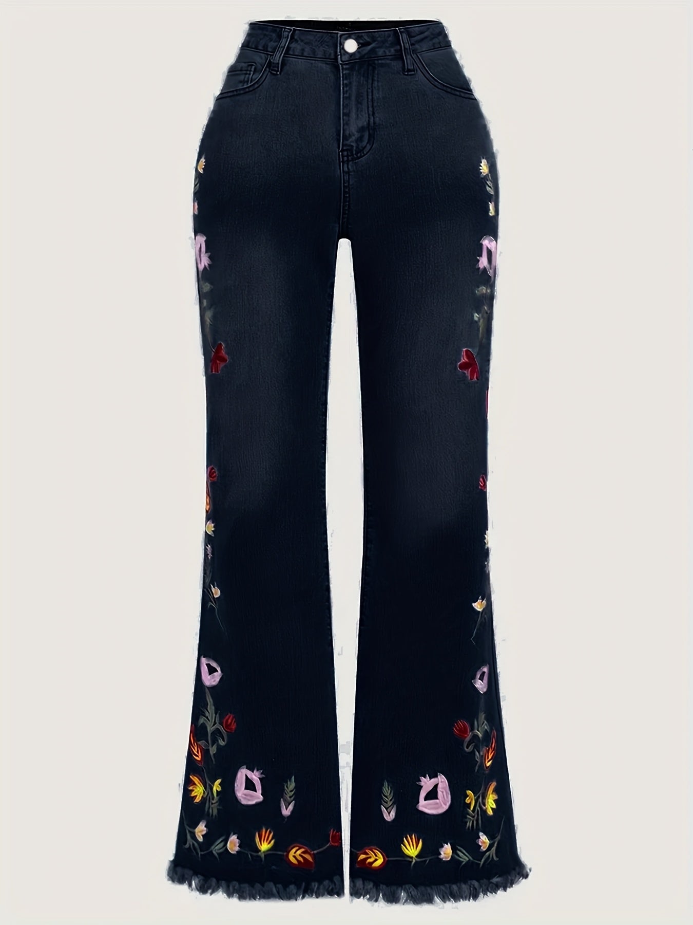 Jeans de campana de talla grande con bordado floral y pantalones vaqueros con control de abdomen