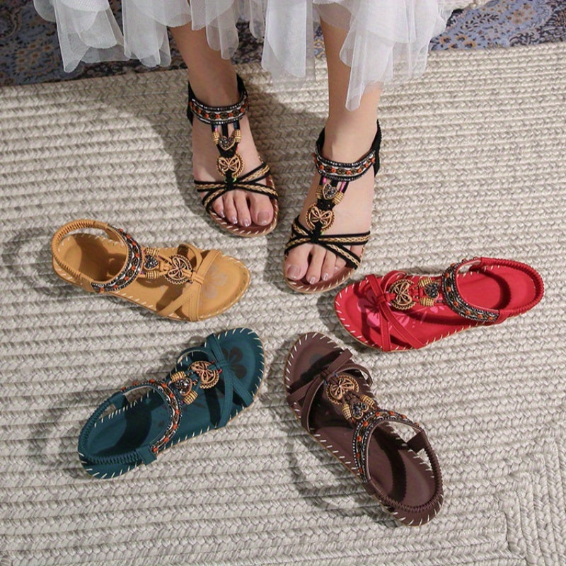 Women's Bohemian Ethnic Style Open-Toe Sandals with Floral Pattern and Elastic Strap
