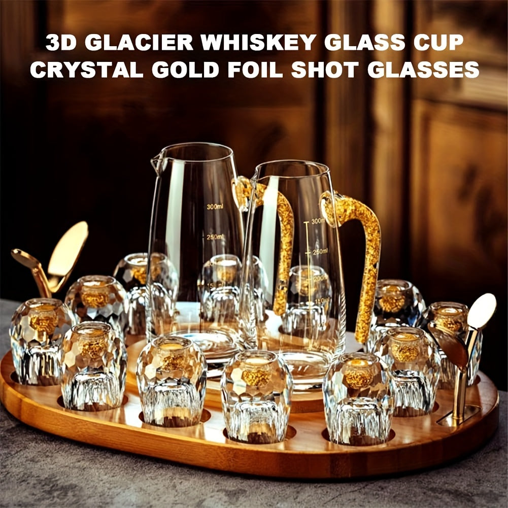 Crystal Whiskey Glass Set with Gold Foil Accents, 6 Glasses and Decanter
