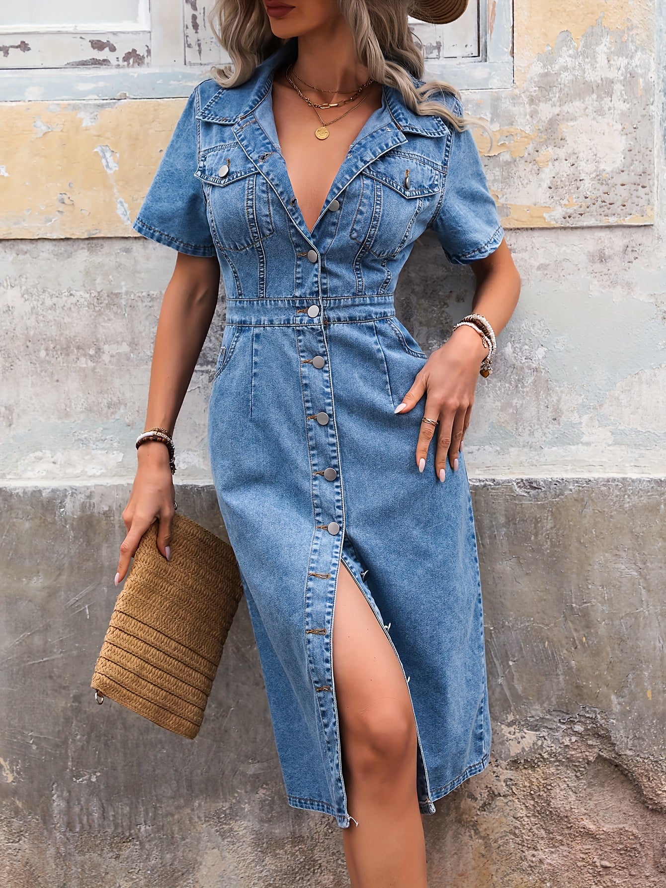 Women's Light Blue Denim Dress with Short Sleeves and Button Front