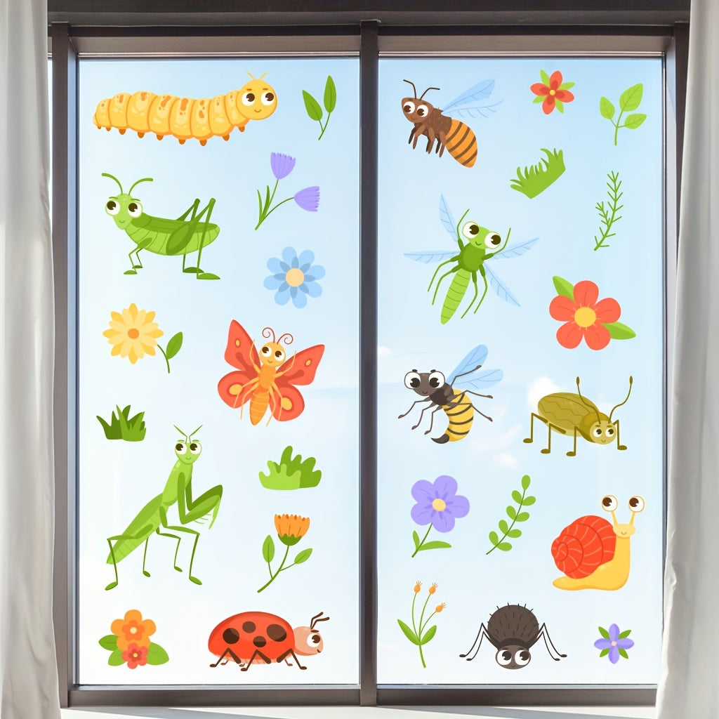 Two Static Electricity Glass Stickers Insect and Flower Decor 29.97cm x 20.07cm