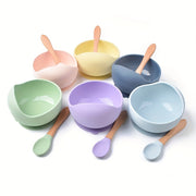 Kids' Feeding Set Silicone Bowl with Suction and Wooden Fork BPA-Free Dishwasher Safe 9 Colors