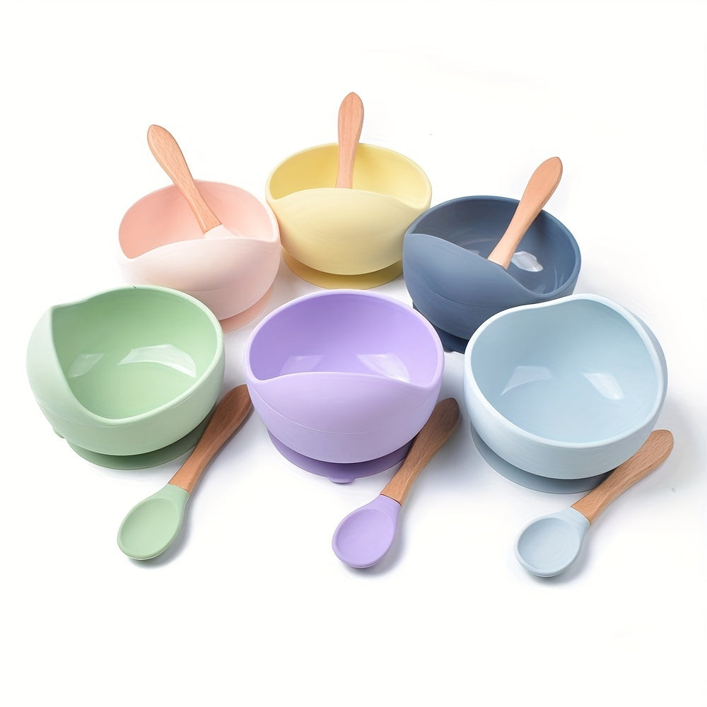 Kids' Feeding Set Silicone Bowl with Suction and Wooden Fork BPA-Free Dishwasher Safe 9 Colors